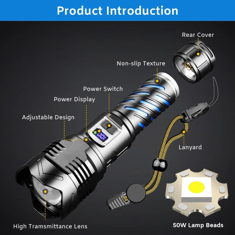 Garberiel Zoom Rechargeable LED Flashlight Tactical Super Bright 50W Torch