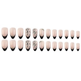 Black French Press on Nails Medium Length Almond Shaped False Nails Glitter Rhinestones Flower Design Fake Nails Artificial Acrylic Nails Full Cover Reusable Coffin Nails Glue on Nails for Women