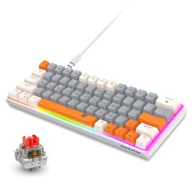 ROCK POW 60% Mechanical Gaming Keyboard 60 Percent,LED Backlit Compact 63 Keys Mini Wired Keyboard for PC,Windows XP,Win 7/10,Vista,Me,Typist,Travel,(White-Grey-Orange, Red Switches)