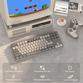 FELICON M87 Wireless Keyboard, Dual Mode Bluetooth/2.4Ghz, 87 Keys TKL Rainbow Backlit, PBT Round Kecaps, 4000mAh Rechargeable Mute Membrane Keyboard for MAC/Win - Cheese