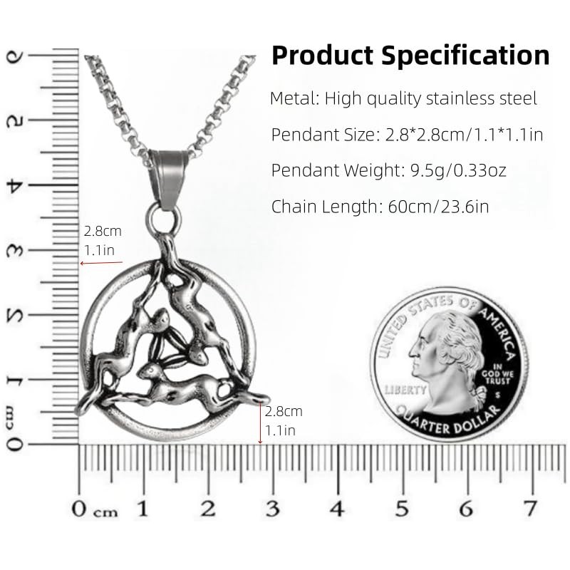 YWMAN Three Hares Necklace, Celtic Triple Hares Pendant, Stainless Steel