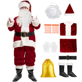 KOMUSMO Santa Slaus Costume 9PCS, Deluxe Velvet Christmas Santa Claus Costume for Men, Holiday Xmas Adult Santa Outfit Cosplay