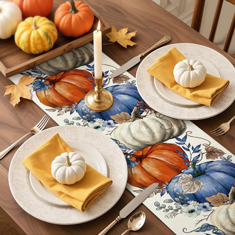 Artscope Pumpkins Eucalyptus Leaves Fall Table Runner,Autumn Seasonal Kitchen Dining