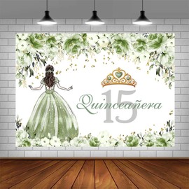 AIBIIN 10x7ft Quinceanera 15th Birthday Backdrop for Girls Sage Green Dress Crown Princess Photography Background Sage Green Flowers Birthday Party Decorations