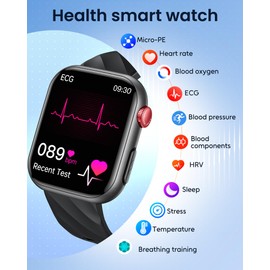 Smart Watch Men's ECHG HRV Bluetooth Heart Rate Blood Pressure: 1.97 Inch AMOLED Touch Black Health Watch with Sleep Monitor Pedometer Phone Function Sports Watch Fitness Watch iOS Android