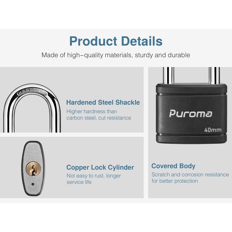 Puroma Keyed Padlock with 2 Keys Alike, 1.8 Inch Locker