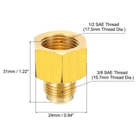 PATIKIL 3/8 SAE Male x 1/2 SAE Female Brass Flare Tube Fitting, 2 Pack Pipe Fitting Reducer Gas Adapter Hex Coupling with PTFE Tape for HVAC Fuel Oil Air Natural Gas Line Connection