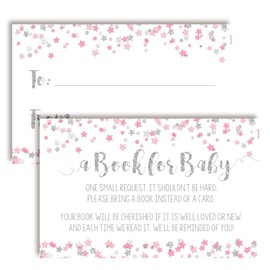 Pink & Silver Twinkle Little Star Themed “Bring A Book” Cards for Girl Baby Showers, 20 2.5 by 4 Inch Double Sided Insert Cards by AmandaCreation, Invite Guests to Bring A Book for The Baby