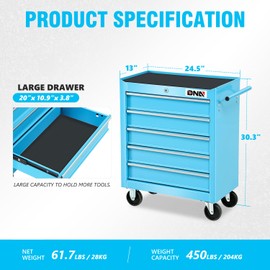 DNA MOTORING 5-Drawer Plastic Top Rolling Tool Cabinet with Keyed Locking System,13" D x 24.5" W x 30.3" H,Blue, TOOLS-00485