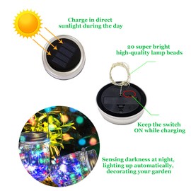 Hanging Solar Mason Jar Lights,ZQX 4 Pack 20 Led String Hanging Mason Jar Lanterns for Outdoor,Great Decor Light for Outside Patio Garden Yard Fence Wedding Table,Hangers and Jars Included（Multicolor）
