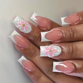 White French Tip Press on Nails Medium Coffin Flower Fake Nails with Designs Spring False Nails Glossy Gel Acrylic Nails Full Cover Glue on Nails 3D Cherry Floral Stick on Nails for Women 24Pcs