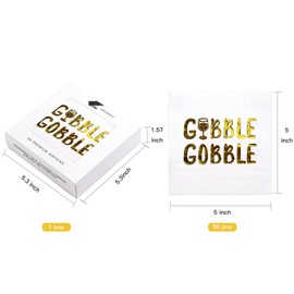 WRAPAHOLIC 50Pcs Thanksgiving Cocktail Napkins - 3-Ply Gold Foil Gobble Disposable Paper Napkins for Thanksgiving, Autumn Party Supplies Tableware - 5 x 5 In