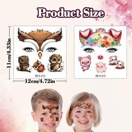 Qpout 8 Sheets Temporäre Tattoos für Kinder, süße Tiergesichtsfarbe Make-up Tattoo Aufkleber für Mädchen Jungen Geburtstagsdekorationen Tiere Party Taschen Füllstoffe Gunst Vorräte