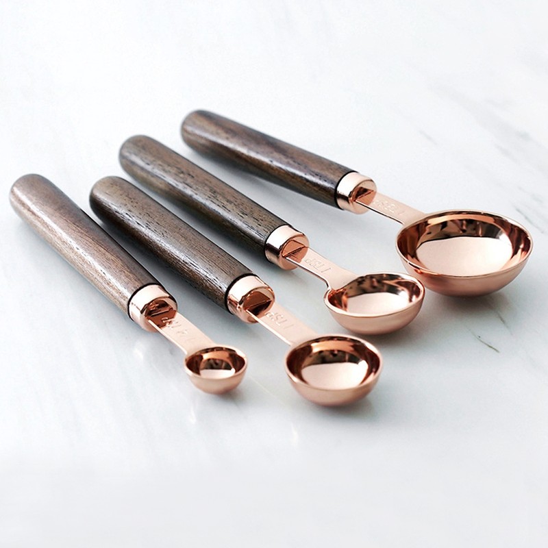 4Pcs/Set Stainless Steel Measuring Spoon Set Rose Gold with Wood