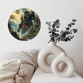 Giant Fantasy Warrior Wall Clock Art Decoration10-Inch Wooden Wall Clock, Silent Movement, Battery Operated (AA Batteries Not Included), Artistic Home Decor, Perfect for Home Accents