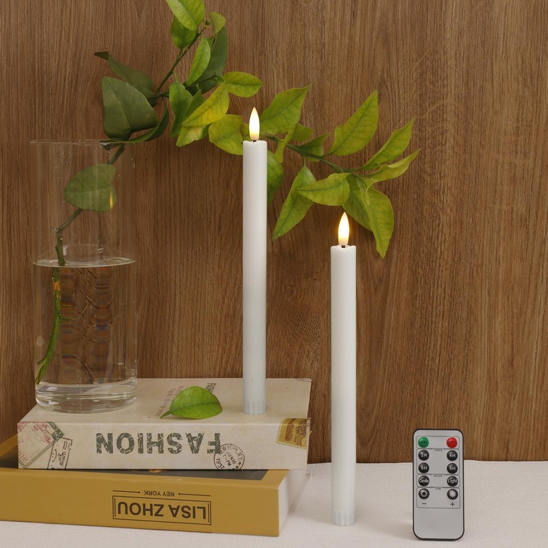SEHNSY White Flameless Taper Candles with Remote and Timer, 10.1"