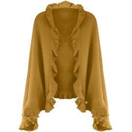 Camel Knit Poncho Shawl With Ruffled Edge