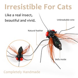 ottmat Cat Insect Feather Wand Toys, Interactive Cat Toys Wand with 4 Pcs Simulation Insects Refill, Natural Handmade Cats Fishing Pole Toys for Indoor Cats