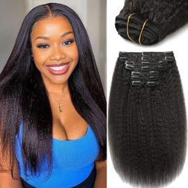 20 Inch Clip In Hair Extensions Real Human Hair Yaki Straight Clip Ins Hair Extensions For Women Invisible & Scalp-Friendly Kinky Straight Human Hair Clip In Extensions 120g 8pcs Natural Black