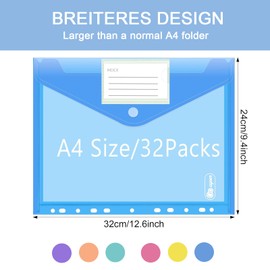 12 Pcs Document Folder, 6 Colors Plastic Wallets A4 Punched Pockets with Button and Label Pocket, Waterproof Transparent Filling Folders, Popper Wallet for Ring Binders (Horizontal, Multicolor)