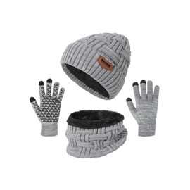 3-Pieces Winter Beanie Hat Scarf and Touch Screen Gloves Set Warm Knit Skull Cap for Men Women, Light Grey(Hat Scarf Gloves)