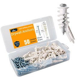 ALBO Self Drilling Drywall Anchor Set Hollow Wall with Screws 50 pcs. (White Anchor 25pcs + Screws 25pcs) Plastic Hollow Wall Anchors with Screws Drywall Anchors