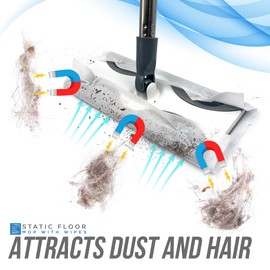 Static Floor Wipes Mop, Flat Mop with Disposable Floor Wipes for Quick and All-Purpose Cleaning, Floor Mops for Laminate Floors, Tiled, Wooden, or Vinyl − Dust Mop Kit with 10 Dry Floor Wipes