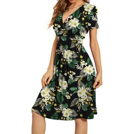 WEACZZY Women Dress with Pockets Sundress Summer Casual Swing Dress A-Line Cotton Dress,Floral Green Leaf,L