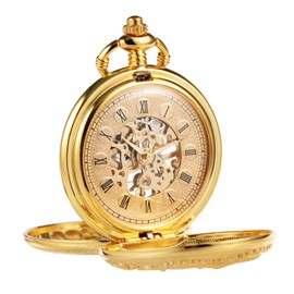 TREEWETO Mens Antique Skeleton Mechanical Golden Pocket Watch Dragon Hollow Hunter with Chain and Box