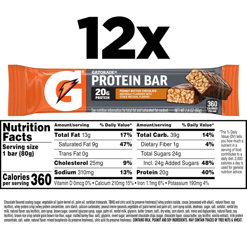 Gatorade Whey Protein Recover Bars, Peanut Butter Chocolate, 2.8 ounce