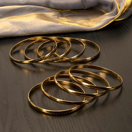 Linkidea 8-Piece Gold-Tone Stainless Steel Bangle Set for Women, Size L, 70mm/2.76 in Inner Diameter, 6mm Wide Fixed Round Stackable Bracelets