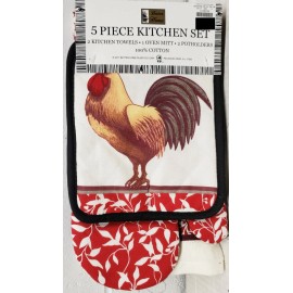 Better Home 5 pc KITCHEN SET: 2 POT HOLDERS, 2 TOWELS & 1 OVEN MITT, ROOSTER & LEAVES by BH