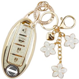 Yekoubo White TPU Key Fob Cover with Sakura Flower Keychain Compatible with Nissan Altima Murano Sentra Rogue Pathfinder Armada Leaf Titan Maxima Kicks Versa 370Z 4-Button Smart Key for Women
