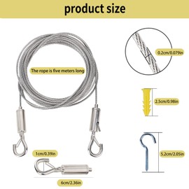 Wire Rope Tensioner Set, 5 m Stainless Steel Wire Rope, 2 mm PVC-Coated Rope Tension Set for Tent Rope, Washing Line, String Light Suspension, Curtain Rope, Climbing Plants, Shower Curtain Rope