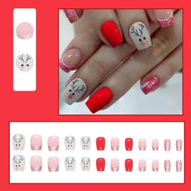 24 Pcs Christmas Short Fake Nails Square Press on Nails Glitter Acrylic Nails With Cute Elk Design Glossy Glue on Nails Acrylic Artificial Nails Cute Xmas Stick on Nails Winter Nail Art for Women