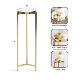 Kate and Laurel Aguilar Modern Mirrored Round Drink Table, 9 x 9 x 23, Gold, Metal Accent Table with Mirrored Tabletop and for Use as Small Plant Stand