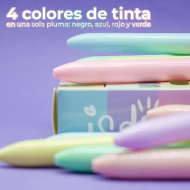 Pluma Retractil Escolar Indra Con 4 Tintas Caja Con 12 Pzs Colores Pastel Negra-azul-verde-rojo