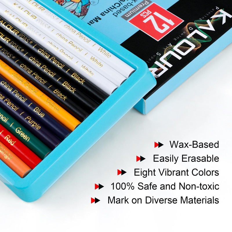 Kalour Wax-Based China Markers, 12 Pack Grease Pencils with 2