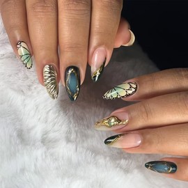 Almond Press on Nails Medium Fake Nails with Designs Butterfly Stick on Nail Gold Lines Acrylic False Nail French Glossy Artificial Nail Full Cover Glue on Nails for Women 24Pcs