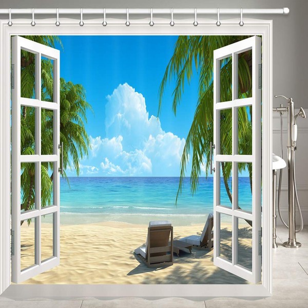 JOOCAR Design Shower Curtain, Palm Tree Decor Ocean Beach Seascape Through White Wooden Windows Summer Scene Tropical Island Blue Green, Waterproof Cloth Fabric Bathroom Decor Set with Hooks