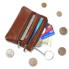 Chelmon 2 Pack Leather Coin Purse Pouch Change Card Holder Wallet with Keychain for Women and Men (Brown & Brown)