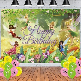 Tinker_Bell Birthday Party Banner Backdrop, Fairy Flower Decorations for Kid Party Supplies Happy Birthday Banner Princess Fairy Teme Decorations Photography Background