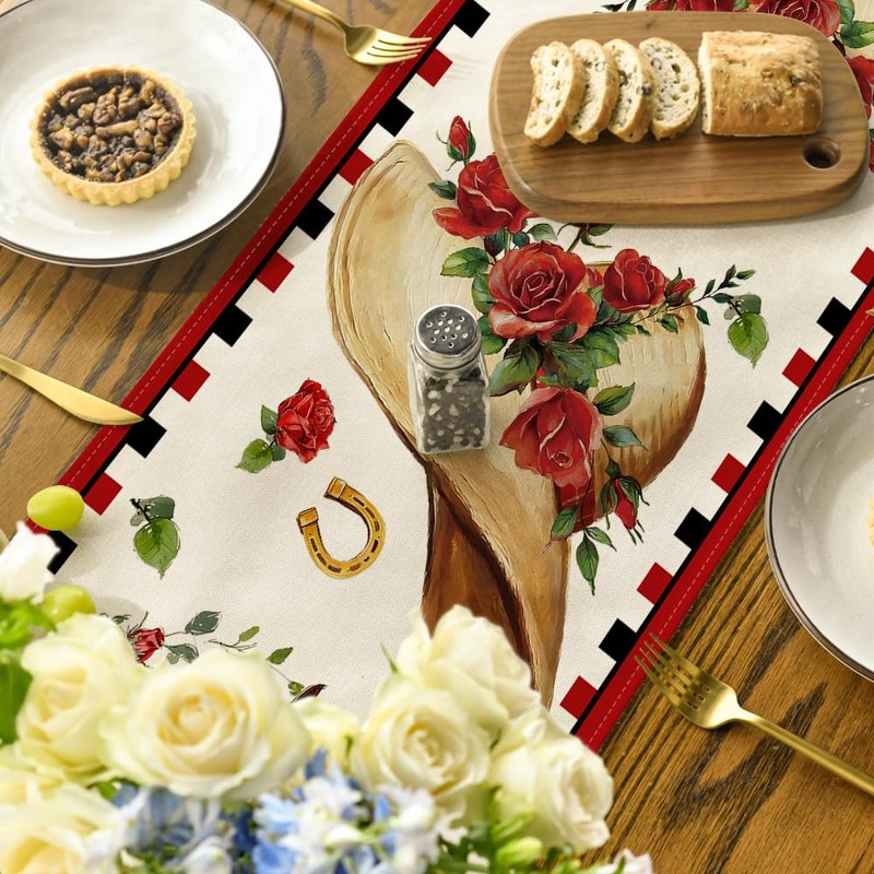 Horseshoe Roses Kentucky Table Runner, Festival Sports Holiday Kitchen Dining