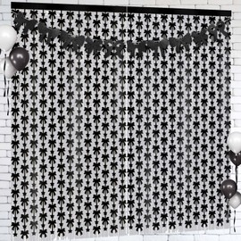 Yeaqee 5 Pack Bow Party Decorations, 2 Bow Foil Fringe Curtain, 2 White Foil Tinsel Streamers 1 Banner Photo Booth Backdrop for Wedding, Baby Shower, Birthday, Bridal Bachelorette Party Decor(Black)