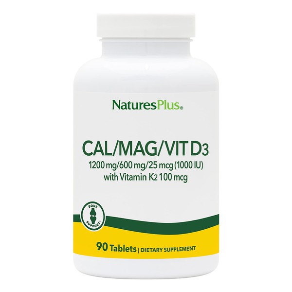 NaturesPlus Cal/Mag/VIT D3 with Vitamin K2 - Bone Health Supplement with Calcium, Magnesium, Vitamin D3 and K2 - Gluten-Free - 90 Tablets - 22.5 Servings