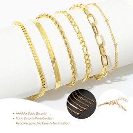 GMHLLES Gold Bracelet for Women,6 Pcs Plated Bracelets Set 14K Gold Paperclip Link Bead Bracelet Cuban Link Bracelet Stainless Steel Stacking Bracelets for Girls Charm Bracelets Set Fashion Jewelry