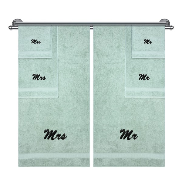 Mrs. and Mr. Monogrammed Towel, Couple's Gift, Bathroom Sets, Anniversary, Wedding, Engagement Gifts for Couples, 100% Cotton 6 Piece Towel Set, 2 Bath & 2 Hand Towels, 2 Washcloths, Green