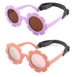 Bouryo Flexible Baby Polarized Flower Sunglasses with Strap Bendable Frame for Infant Boys Girls Ages 0-24 Months (B7 Purple/Brown + Pink/Pink Mirror)