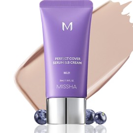MISSHA M PERFECT COVER SERUM BB CREAM No.21 Light Beige, base de maquillaje para el cuidado de la piel, humectante con color, complejo de superalimentos, cobertura modulable, piel de cristal, sin p