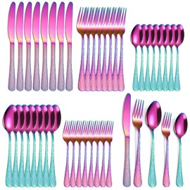 A · HOUSEWARE Hammered Silverware Set Rainbow Stainless Steel Flatware 40 pieces Dinning Utensils Service for 8 include Knife Fork Spoon Durable Easy to Clean